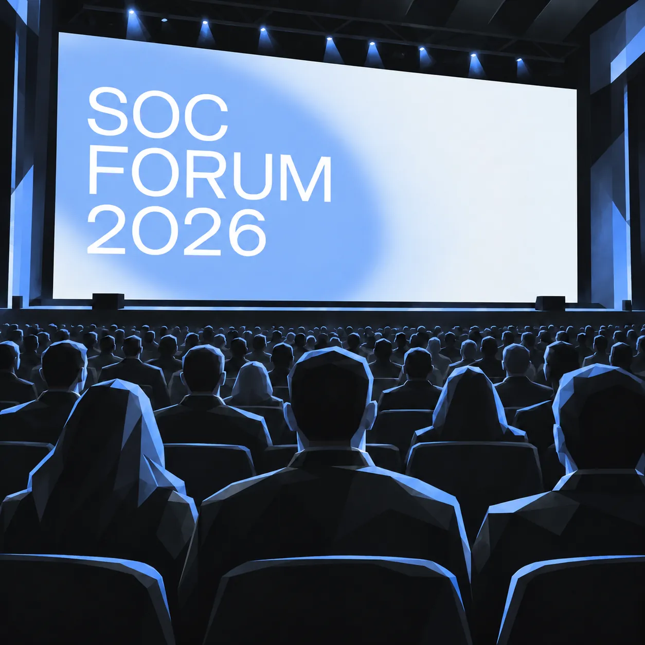 Участники форума перед экраном с логотипом SOC Forum 2026