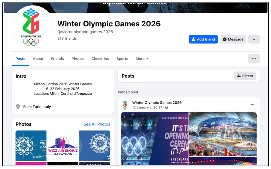 Аккаунт в социальных сетях, выдающий себя за зимние Олимпийские игры 2026 года.